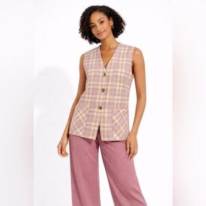 Vintage Plaid Purple Yellow Wool Button Front Pockets Vest Preppy